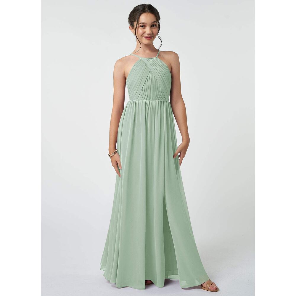Azazie Light Green Leighton Dress Halter A Line Sz J 14 Junior Bridesmaid